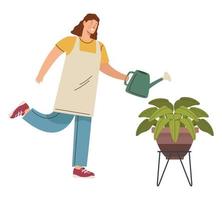 mujer jardinera con aspersor vector