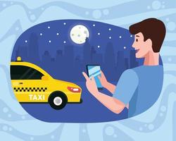 hombre que usa el servicio de taxi para teléfonos inteligentes vector