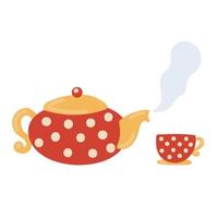 Teapot with hot steam and cup. Flat vector illustration isolated on white background.
