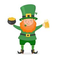 St. Patricks Day Irish bearded gnome man with mug of beer and pot of gold. Cute Leprechaun. vector