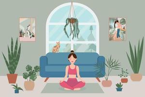A woman practices yoga in a lotus position in a cozy room with a large window, potted plants and a cat. vector
