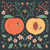 Peach on a dark background with floral elements, flowers, leaves and bees. vector