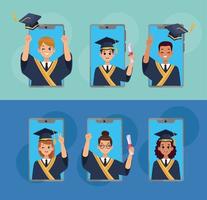 students graduates in smartphones vector