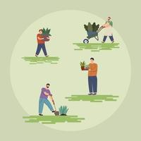 cuatro personajes trabajadores jardineros vector