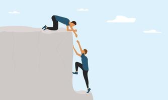 Man extends a helping hand to a friend on the edge of a cliff. The concept of helping those in need, support and cooperation. vector