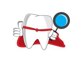 gráficos vectoriales ilustrativos de dientes con túnica roja que sostienen una lupa y un signo de pulgar hacia arriba, buenos para ilustrar la salud dental de los niños vector