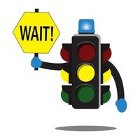 vector illustration of the icon of a yellow traffic light holding a WAIT letter, good for cartoon illustration for children about traffic lights