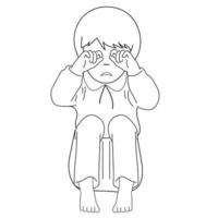 Black and white image. Frightened, depressed, sad girl looks lonely. Vector illustration of a helpless, frightened child. Anxiety and fear