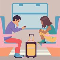 Trip, journey. The girl and the boy are on the train. The man is using a smartphone. Vector flat illustration.