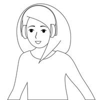 Black and white image.A young girl listens to music and podcasts in headphones. White background, vector