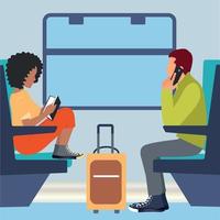 Trip, journey. The girl and the boy are on the train. The man is using a smartphone. Vector flat illustration.