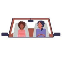 A trip, a journey in a car. Two young girls. Vector flat, white background.