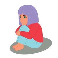Scared, depressed, sad girl looks lonely.Vector illustration of helpless, frightened child.