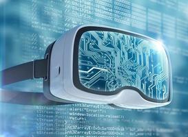 Virtual reality glasses, futuristic hacker, internet technology and network concept photo