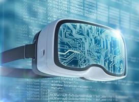 gafas de realidad virtual, hacker futurista, tecnología de Internet y concepto de red foto