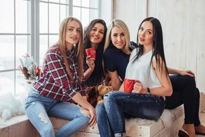 Group beautiful young people enjoying in conversation and drinking coffee, best friends girls together having fun, posing emotional lifestyle  concept photo