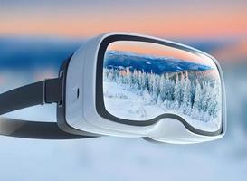 auriculares de realidad virtual, exposición doble, paisaje majestuoso de las montañas de invierno foto