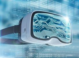 Virtual reality glasses, futuristic hacker, internet technology and network concept photo