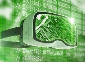 Virtual reality glasses, futuristic hacker, internet technology and network concept photo