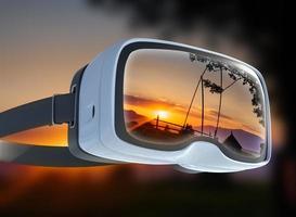 Virtual reality headset, double exposure, silhouette people on sunset photo