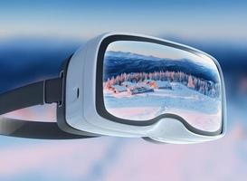 Virtual reality headset, double exposure, Winter mountains majestic landscape photo