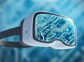 Virtual reality glasses, futuristic hacker, internet technology and network concept photo