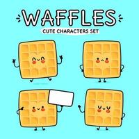 Funny cute happy waffles characters bundle set. Vector kawaii line cartoon style illustration. Isolated on white background. Cute waffles mascot character collection