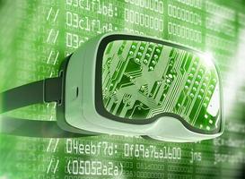 Virtual reality glasses, futuristic hacker, internet technology and network concept photo