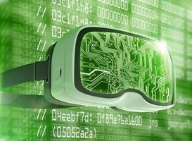 Virtual reality glasses, futuristic hacker, internet technology and network concept photo
