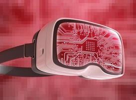 Virtual reality glasses, futuristic hacker, internet technology and network concept photo