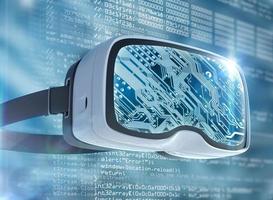 Virtual reality glasses, futuristic hacker, internet technology and network concept photo