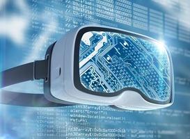 Virtual reality glasses, futuristic hacker, internet technology and network concept photo