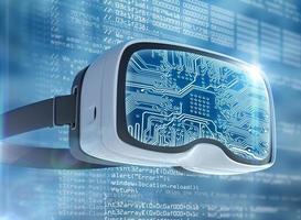 Virtual reality glasses, futuristic hacker, internet technology and network concept photo