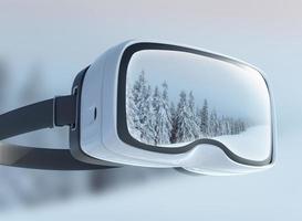 Virtual reality headset, double exposure. Mysterious winter landscape majestic mountains in the . photo