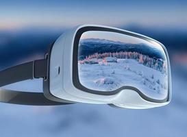 Virtual reality headset, double exposure, Winter mountains majestic landscape photo