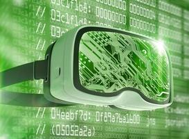 Virtual reality glasses, futuristic hacker, internet technology and network concept photo