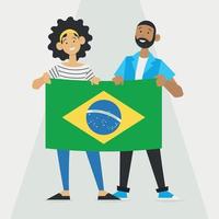 diseño plano de un par de personas sosteniendo la bandera del vector de brasil