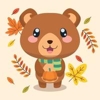 Isolated happy bear character autumn leaves background Vector