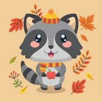 Isolated happy racoon character holding an apple autumn background Vector