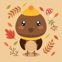 Isolated cute bird character with a winter hat autumn background Vector