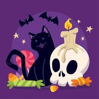 imagen de halloween en color lindo gato junto a una calavera con un vector de vela