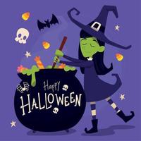 cartel de halloween de color bruja con vector de caldero
