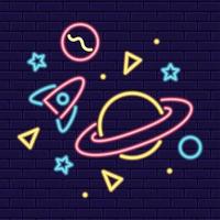 Colored neon signboard spaceship and space icons Vector