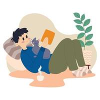 hygge estilo de vida hombre leyendo un libro gato feliz vector