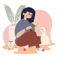 mujer leyendo un libro lindo gato blanco hygge estilo de vida vector