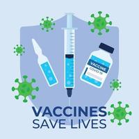 Vaccines save lives poster medical shield with flask and medicine Vector