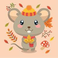 personaje de ratón lindo aislado con un sombrero sosteniendo un vector de hoja de otoño