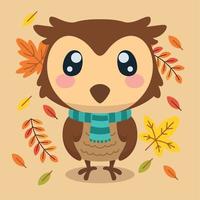 personaje de búho lindo aislado con un vector de fondo de otoño de bufanda