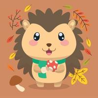 Isolated cute hedgehog character holding a mushroom autumn Vector