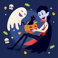 Happy halloween poster vampire holding pumpkin cat with candies Vector